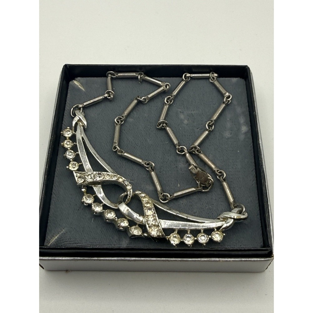 Vintage Rhinestone Necklace Silver Tone Bar Link Chain Ribbon Design Clear 13"